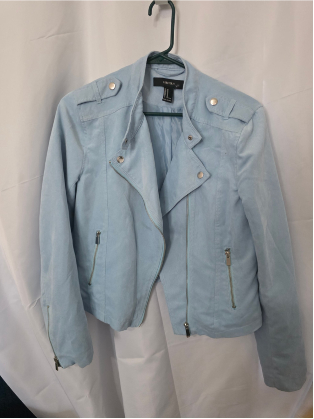 Women's Forever 21 Faux Suede Moto Jacket, Size M, Light Blue fall y2k cozy